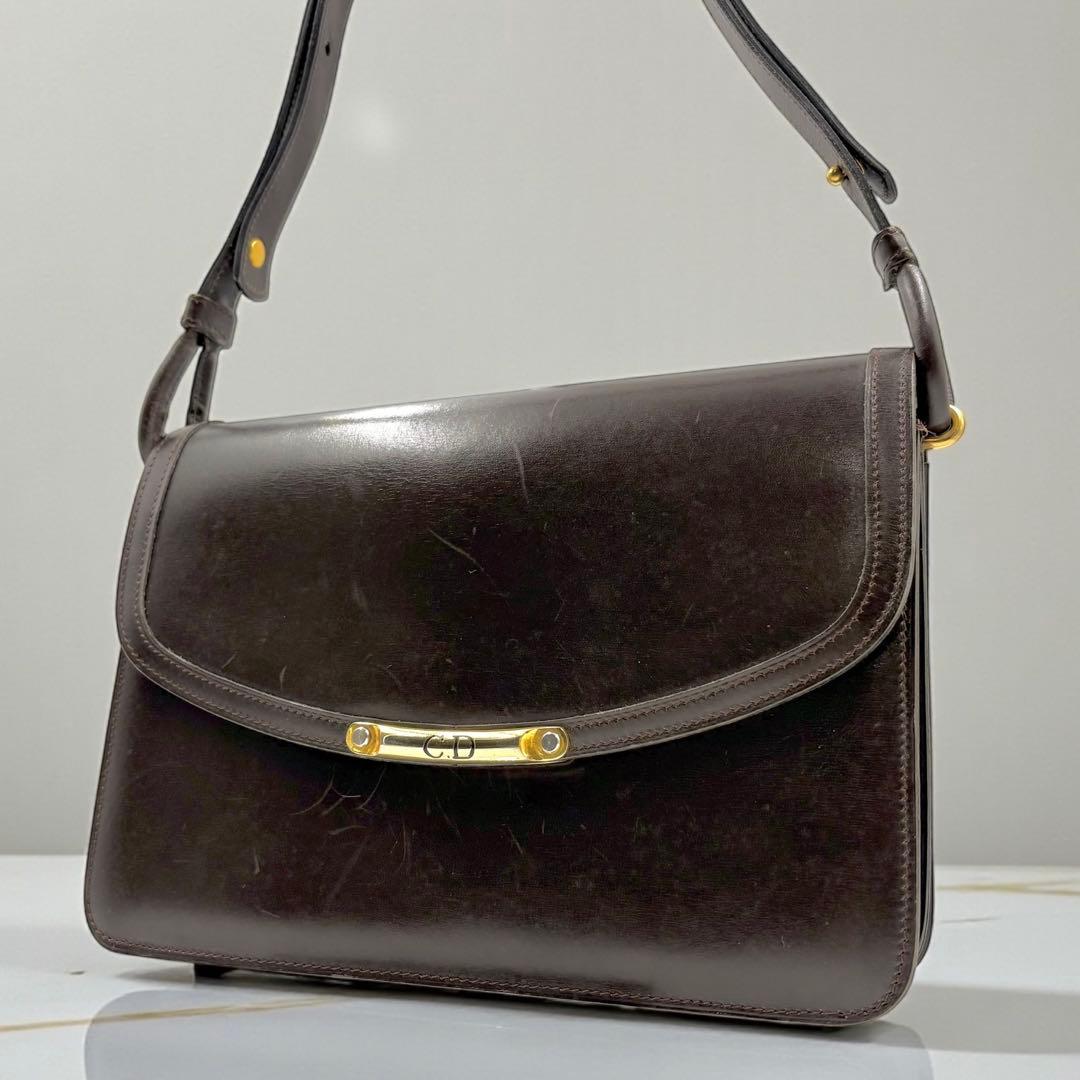 レア クリスチャンディオール ショルダーバッグ レザー ブラウン ゴールド金具