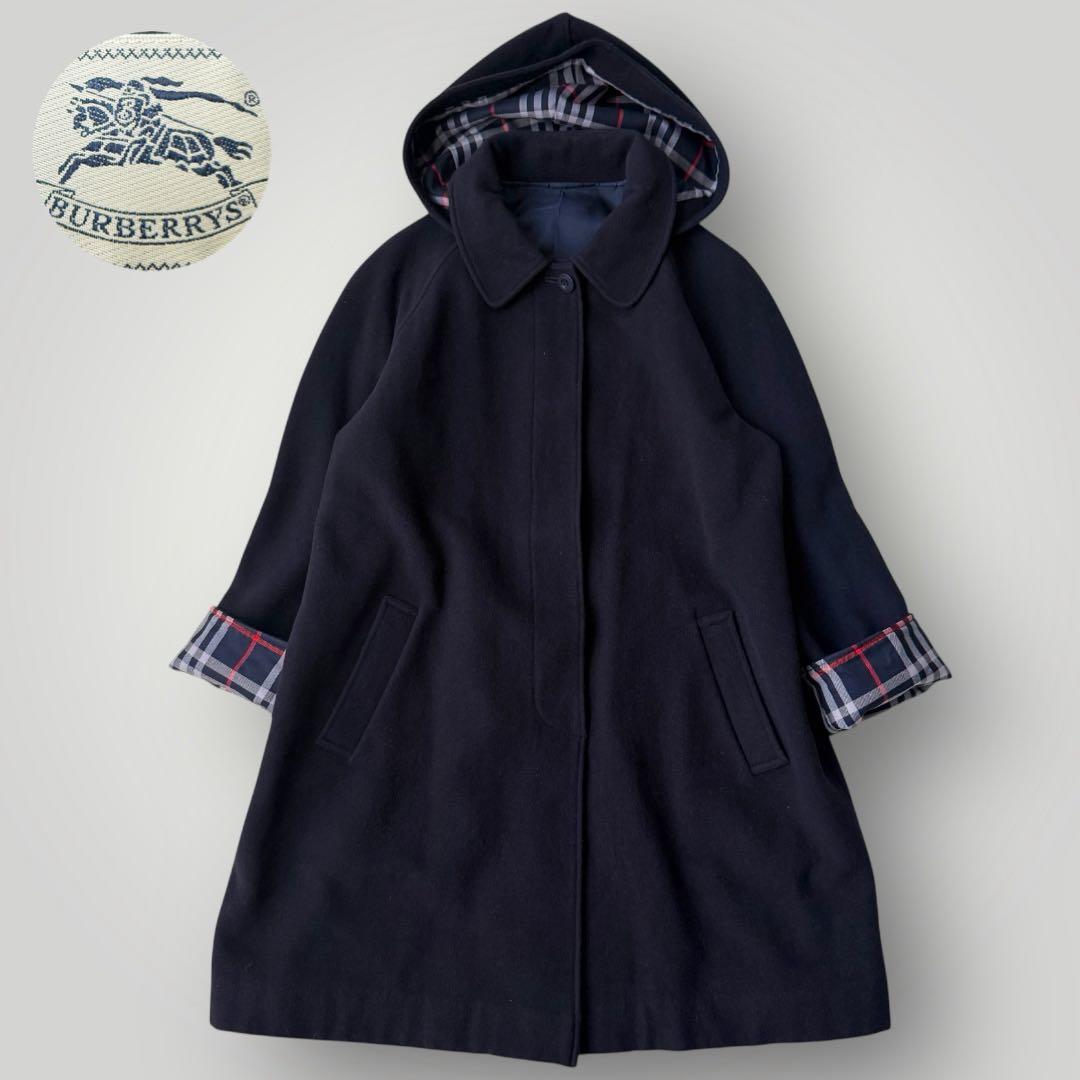 美品☆BURBERRY バーバリー フーデットコート ノバチェック ネイビー