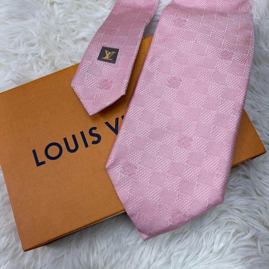 ルイヴィトン ダミエ 現行 チェック柄 シルク ネクタイ ピンク