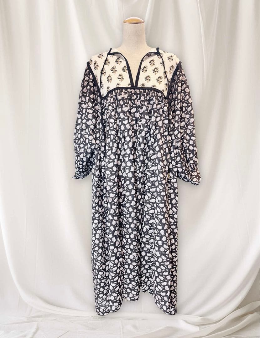 インド ブロックプリント ワンピース 新品 ブラック ホワイト