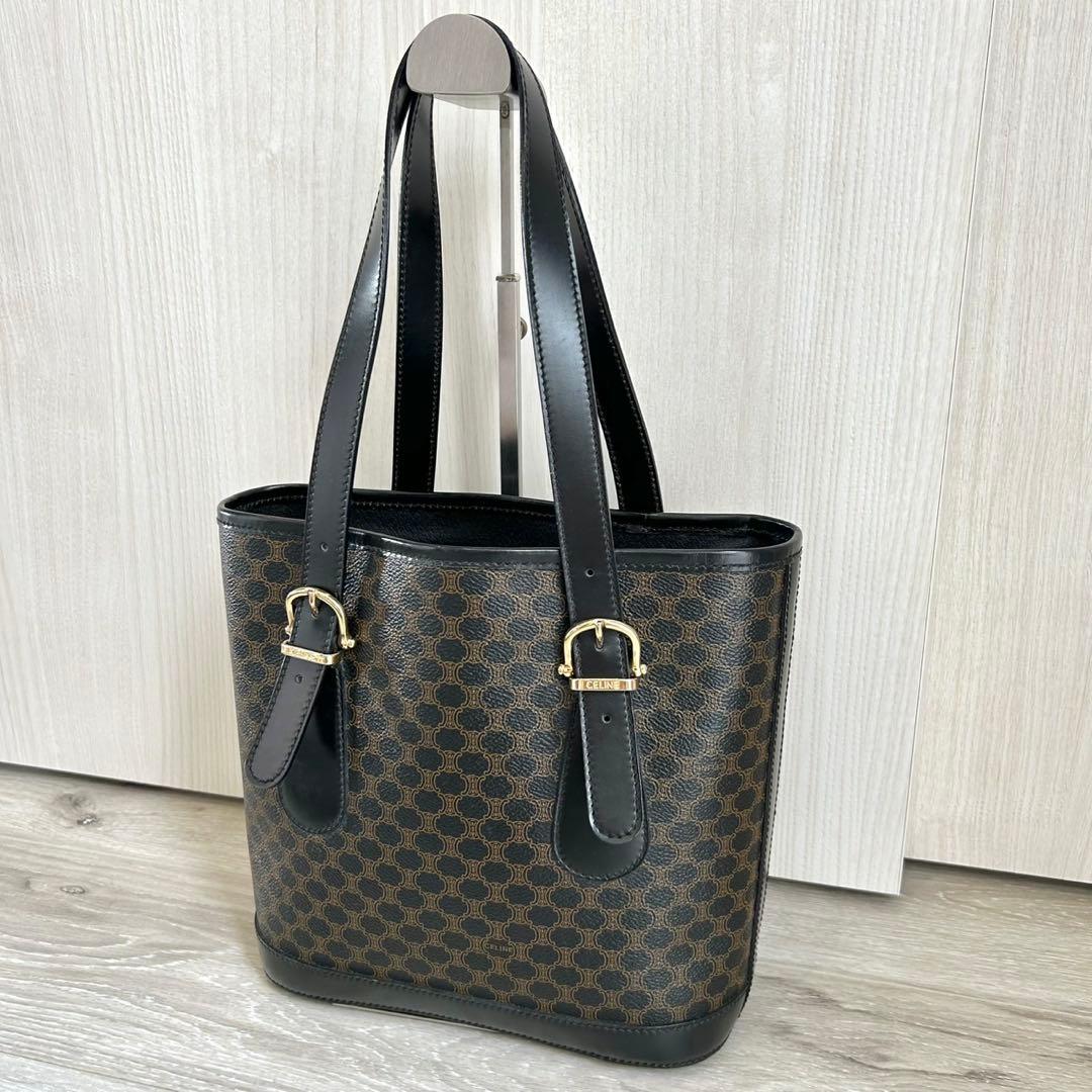 美品 CELINE 黒マカダム トリオンフ PVC バケツ型 トートバッグ