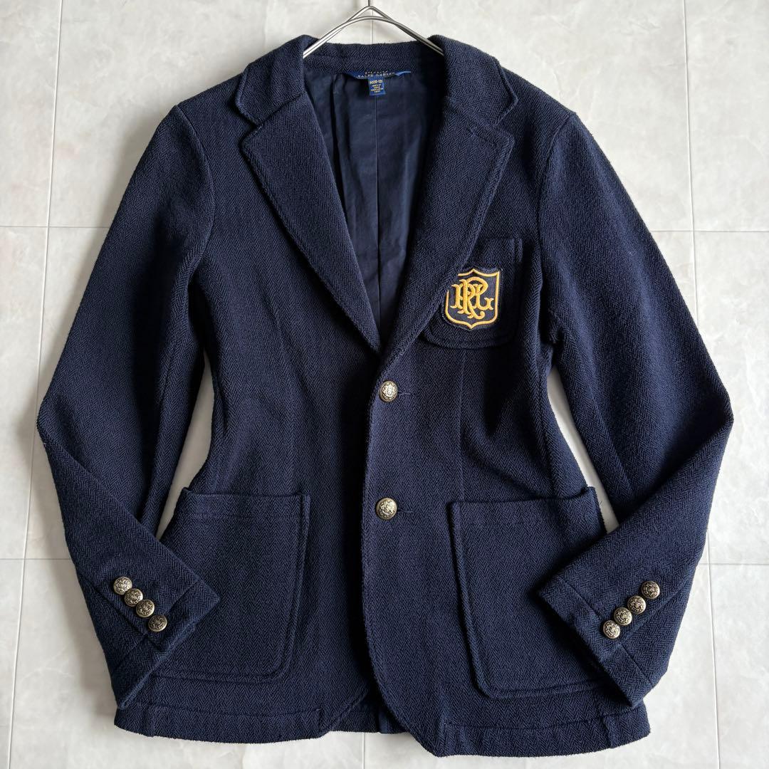 ポロラルフローレン エンブレム刺繍 紺ブレ 金ボタン ヘリンボーン S相当 細身