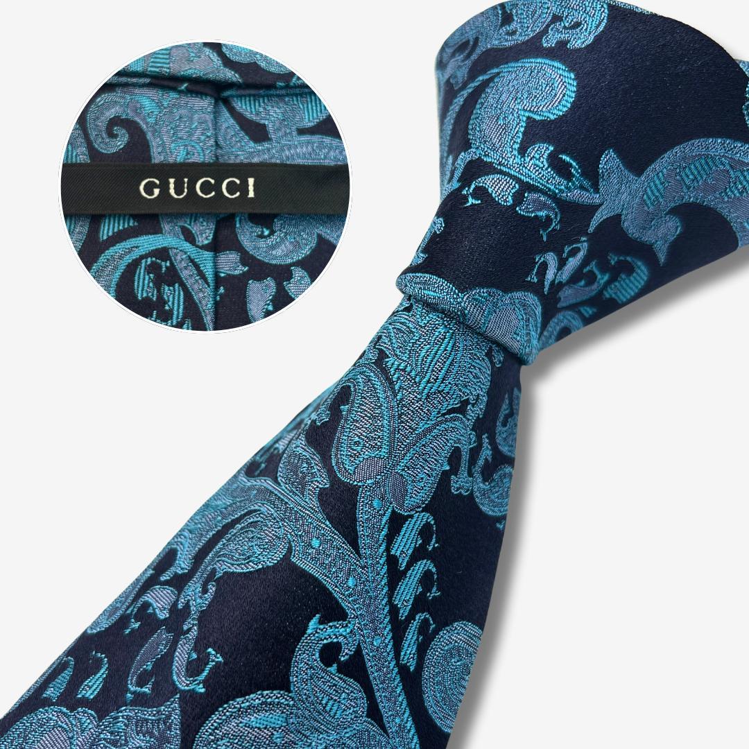 GUCCI シルクネクタイ ペイズリー柄 ネイビー×ターコイズ