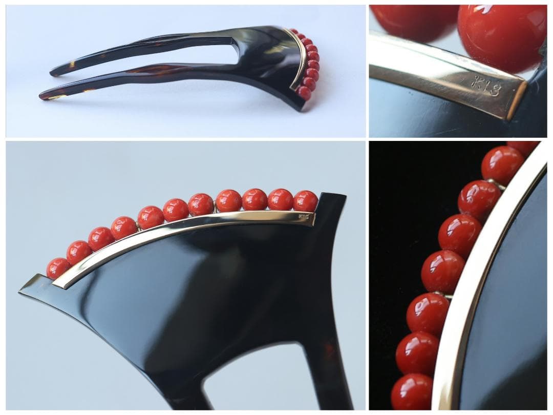 マ*ハ様 高級！ K18 赤珊瑚 本鼈甲 簪 バチ型 刻印あり 慶事 婚礼