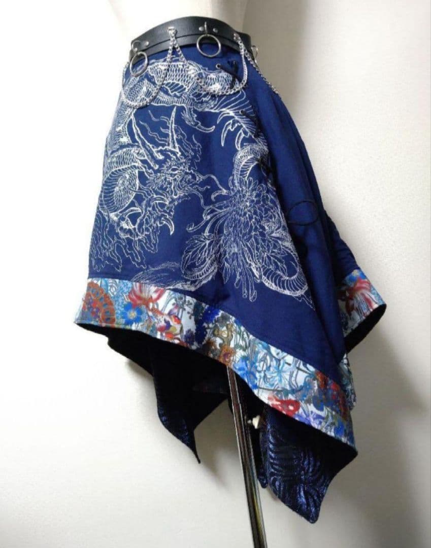 Qutie Frash 龍プリント和柄切替オフショルダー チュニック ポンチョ