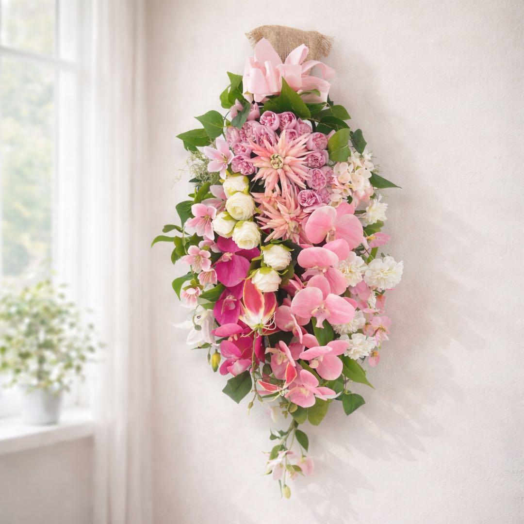 胡蝶蘭 春色スワッグ 特大｜ピンクの春リース 光触媒フラワー 春飾り