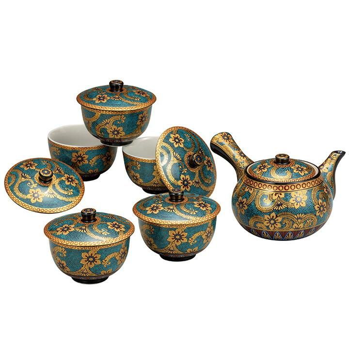 蓋付茶器 青粒金唐草