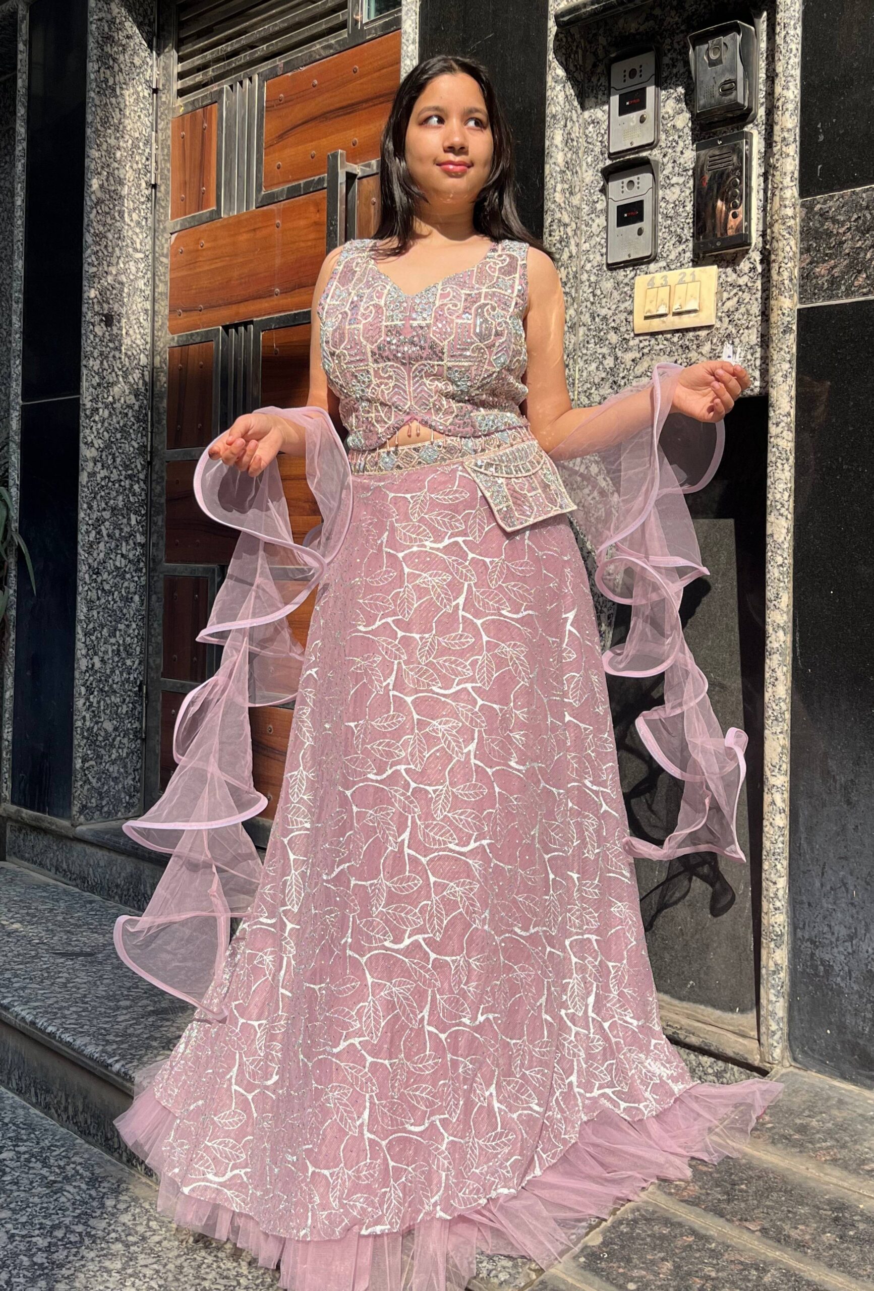 Blush Leaf Embroidered Lehenga Set (Free Size)